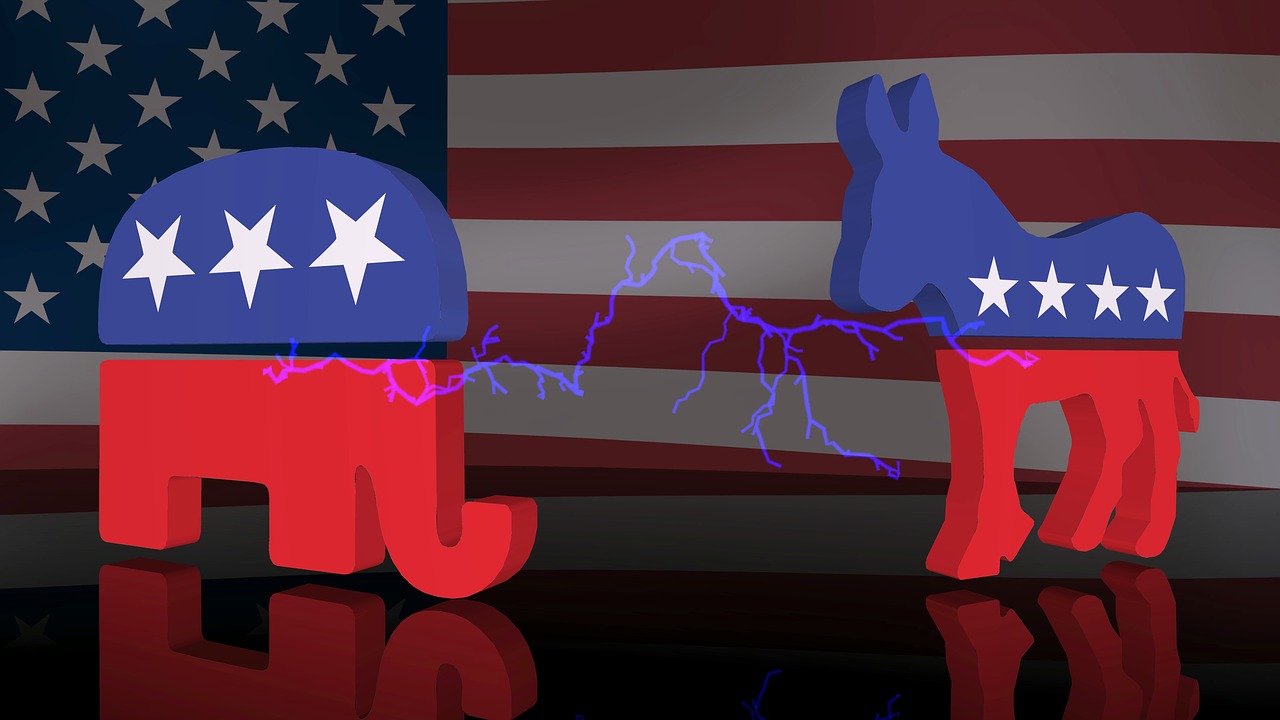 Democratic donkey vs Republican elephant.