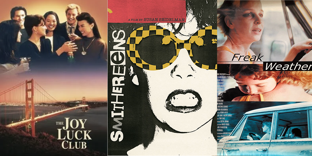 Movie posters for The Joy Luck Club, Smithereens, and Freak Weather