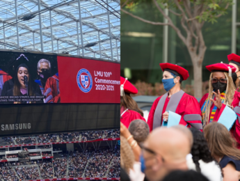 Composite image showing audience and graduates at 2021 LMU Commencement SoFi Stadium
