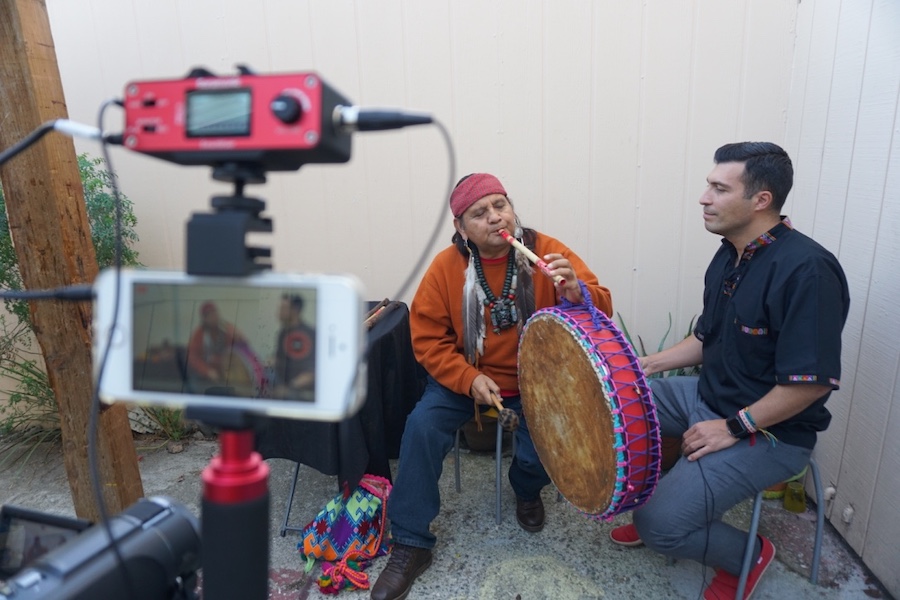 Professor Ernesto Colín interviews elder and musician Javier Quijas Yxayotl as part of a research project with the Smithsonian.