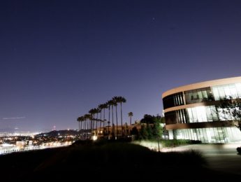 Image of the William H. Hannon Library at night