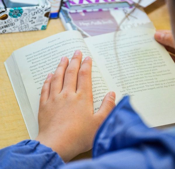 Female student reading a book at her desk.