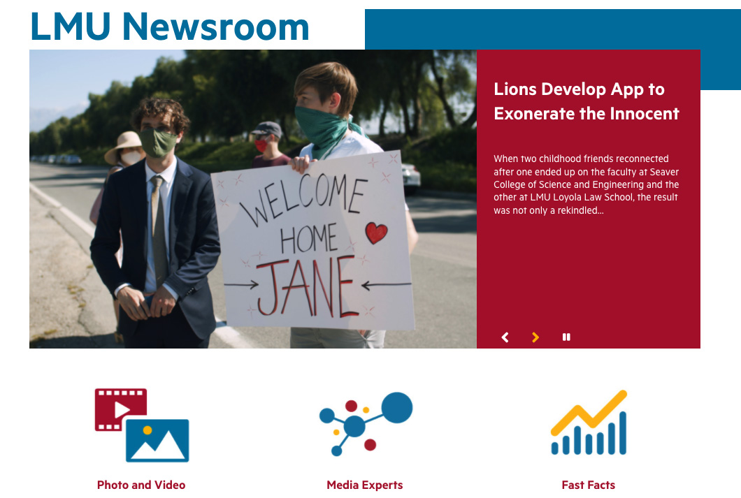 A screenshot of the newly launched LMU Newsroom, showing the feature story slider.