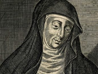 Image of a woodcut engraving depicts Hildegard of Bingen (1098-1179), a visionary and theologian who claimed her knowledge of the Bible and of theology came to her directly from God in fiery revelations.