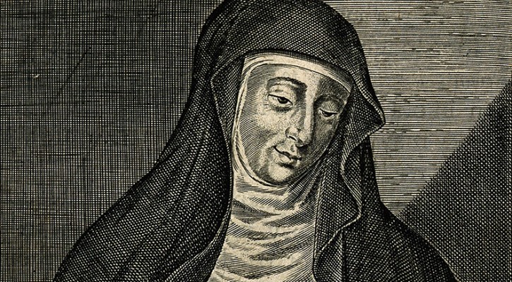 Image of a woodcut engraving depicts Hildegard of Bingen (1098-1179), a visionary and theologian who claimed her knowledge of the Bible and of theology came to her directly from God in fiery revelations.