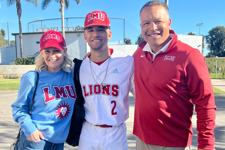 LMU's Cole Roberts with mother Tricia and father Dave.