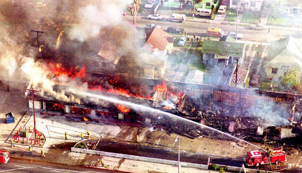 Image of a fire during the LA Riots in 1992