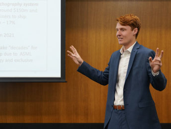 A student presents during the LMU Stock PItch Competition