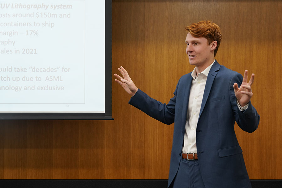 A student presents during the LMU Stock PItch Competition