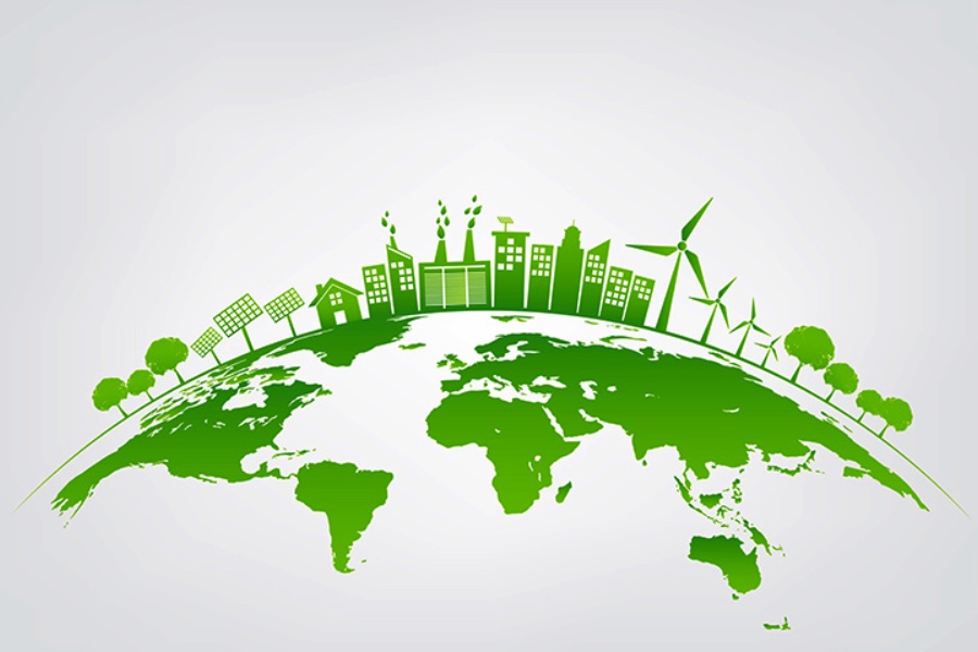 graphic with windmills and solar panels on green earth