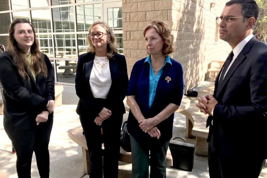 Jane Dorotik (second from right) with, from left, Loyola Law School Project for The Innocent attorney Paige McGrail, LPI legal director and attorney Paula Mitchell and defense lawyer Michael Cavalluzzi. (Greg Moran: Union-Tribune)