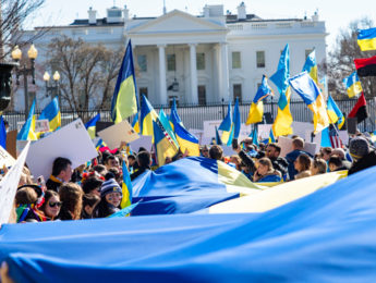 Peace rally for Ukraine with flags waving