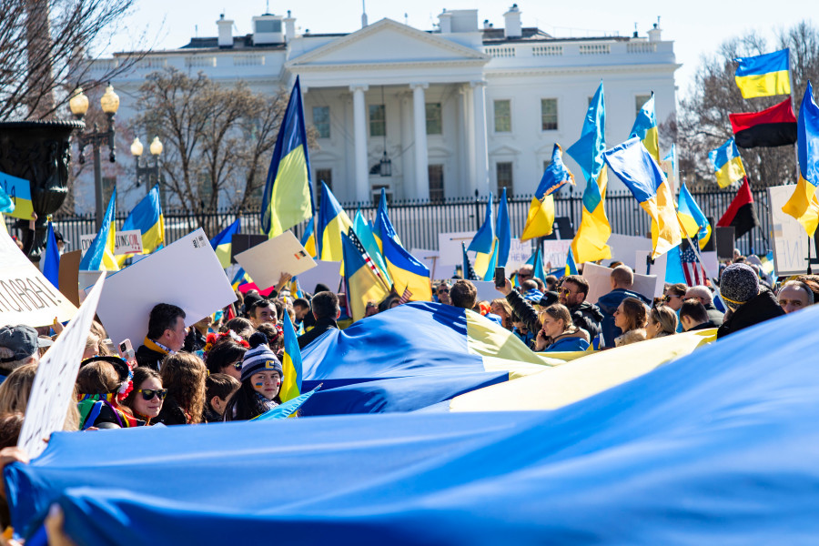 Peace rally for Ukraine with flags waving