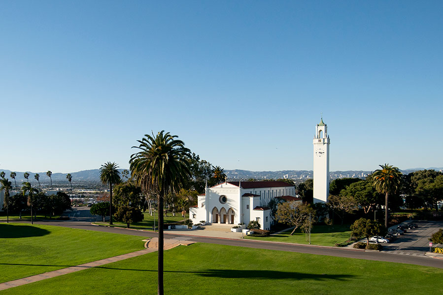 picture of sunken garden and Sacred Heart Chapel at Loyola Marymount University