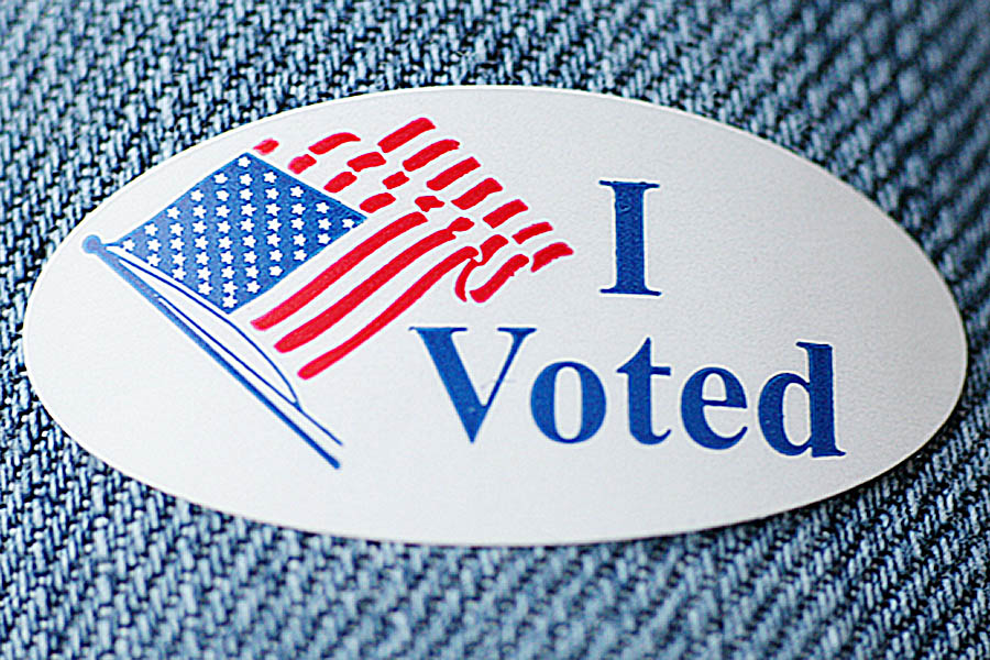 Close up of "I voted" sticker on denim