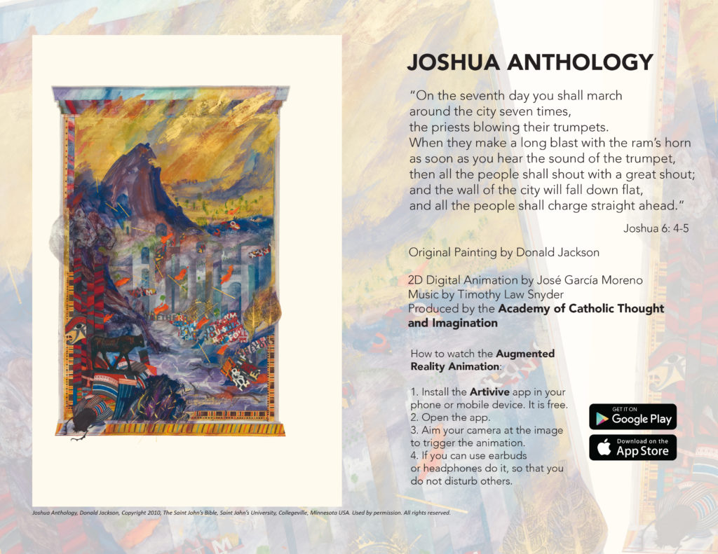 Joshua Anthology, Original painting by Donald Jackson, 2D Digital Animation by José García Moreno, Music by Timothy Law Snyder
Image also includes instructions to download the Artivive app from the App Store and Google Play.