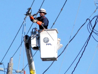 worker inspecting overhead power lines