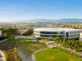 view of LMU's Hannon Library and L.A. coastline