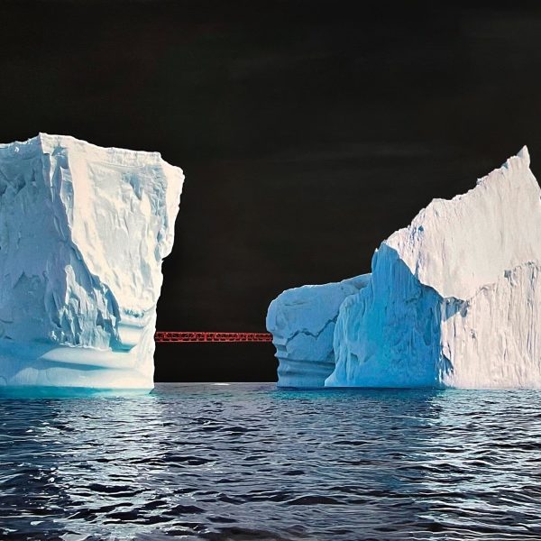 "The Bridge" by Luciana Abait, icebergs in water with black sky