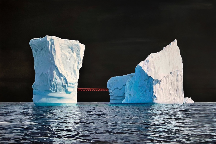 "The Bridge" by Luciana Abait, icebergs in water with black sky