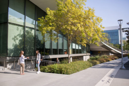 Students talk outside LMU Life Sciences Building