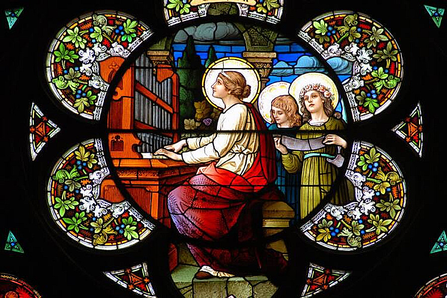 St. Cecilia depicted in stained glass window