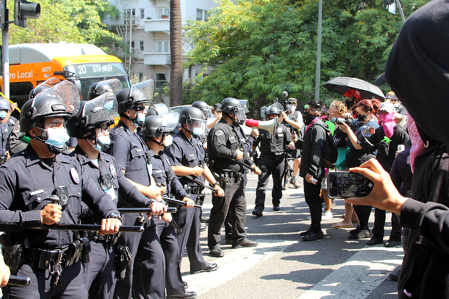 LAPD officers face protesters