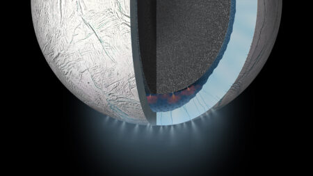 Enceladus south pole and interior. Image. credit: NASA JPL / Caltech
