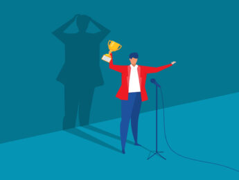 Imposter syndrome graphic. Employee standing at microphone with fear shadow behind. Anxiety and lack of self confidence at work