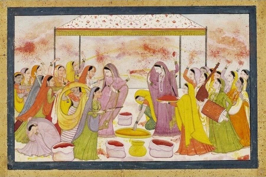 Radha celebrating Holi, c1788. (digitally enhanced version) Kangra, India.