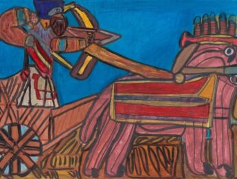Evan Hynes, “Chariot Ride to Battle,” 2020, colored pencil and marker on paper. (The artist and Tierra del Sol Gallery)