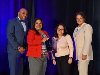 LMU received an Institutional Excellence Award from the National Association of Diversity Officers in Higher Education on Friday, April 14, 2023. Pictured from left to right: NADOHE Interim Awards Chair James Felton III; LMU Vice President for Diversity, Equity and Inclusion Emelyn dela Peña; LMU Director of DEI Research, Evaluation and Grants Kim Misa; and NADOHE President Paulette Granberry Russell.