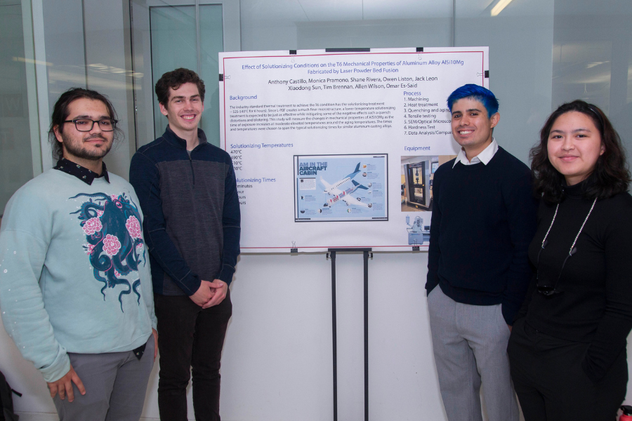 Four students smile standing next to the poster board for their project titled 'Effects of Solutionizing Conditions on the T6 Mechanical Properties of Aluminum Alloy AI5170Mg Fabricated by Laser Power Bed Fusion'