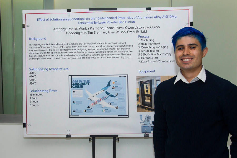 A student smiles standing next to the poster board for their project titled 'Effect of Solutionizing Conditions on the T6 Mechanical Properties of Aluminum Alloy AISi10Mg Fabricated by Laser Powder Bed Fusion