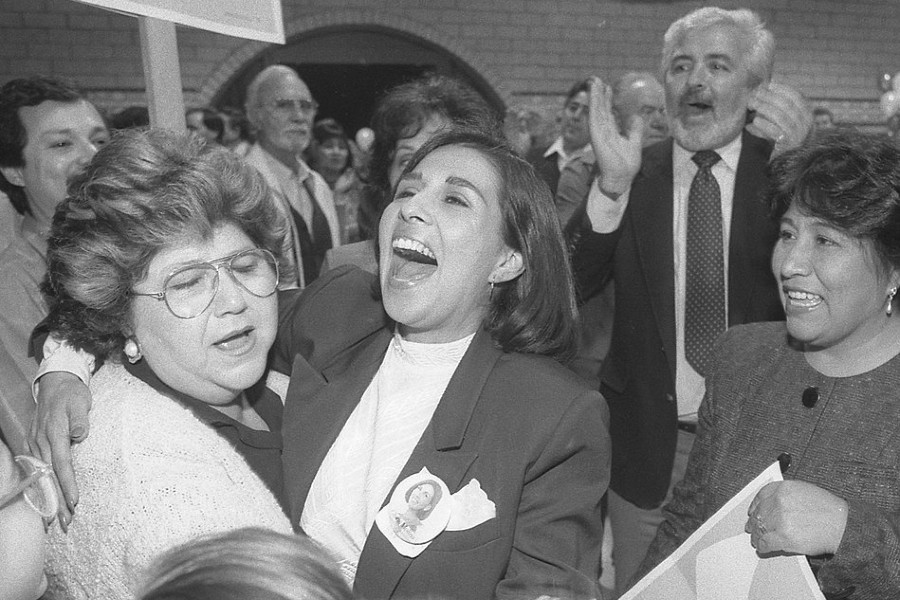 Gloria Molina and supporters celebrating after a Los Angeles City Council victory in 1987.