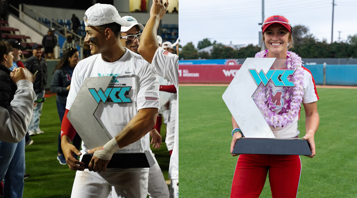 Image of a baseball and softball player holding trophies