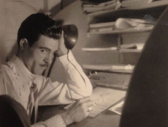 Cartoonist Manuel Moreno at his desk in the 1930s.