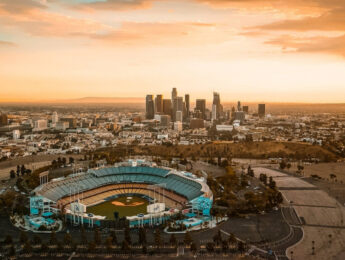 Dodger Stadium and downtown Los Angeles skyline