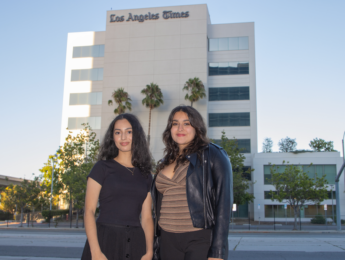 Francesca Bermudez and Emma Fox outside LA Times Building