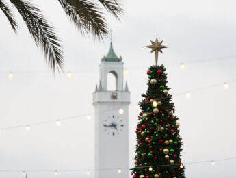 A green Christmas tree with star topper is in front of the clock tower outside.