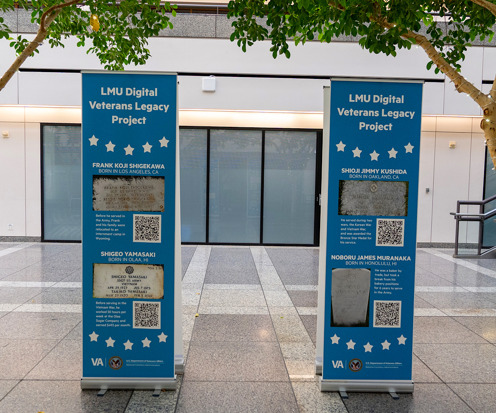 Two blue banners showing information about veterans