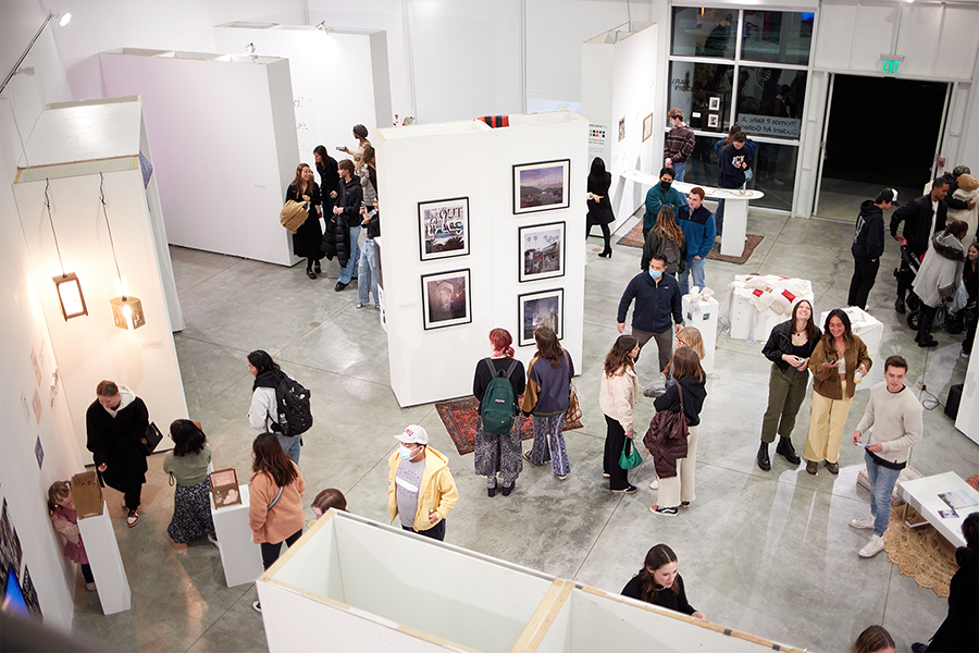 Overhead view of an art exhibition
