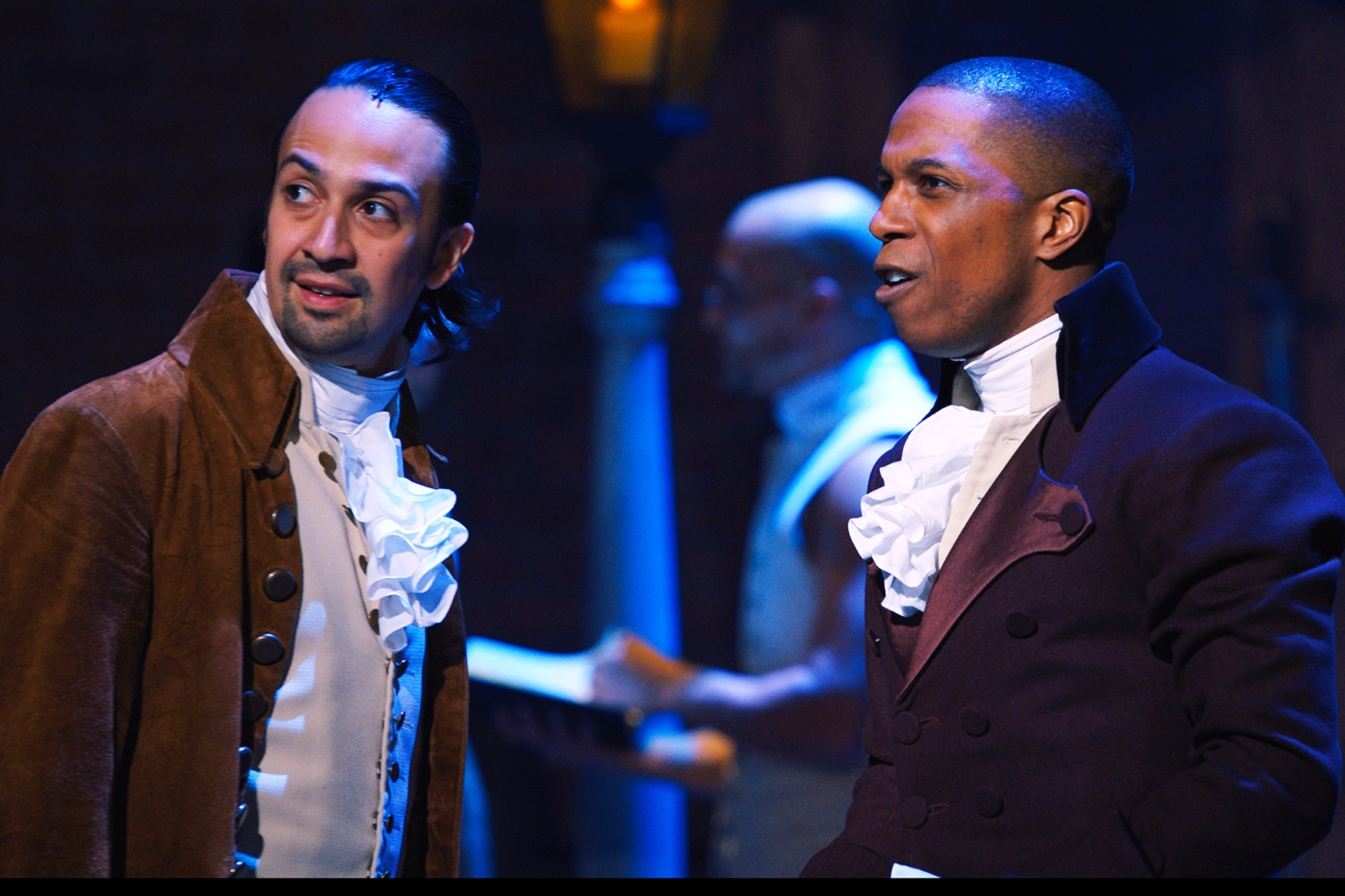 Lin-Manuel Miranda as Alexander Hamilton, and Leslie Odom, Jr. as Aaron Burr, part of the original cast of “Hamilton: An American Musical.” Image courtesy of Disney
