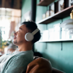 Man with headphones practicing mindfulness exercise