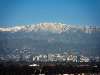 LA skyscape with mountains and Hollywood sign in background